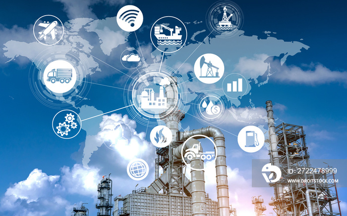 Double exposure of oil refinery industry and icon connecting networking for information and using modern  technology, Industrail 4.0 concept.