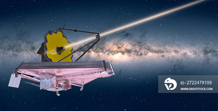 James Webb Space Telescope in Space Milky way in the background  Elements of this image furnished by NASA