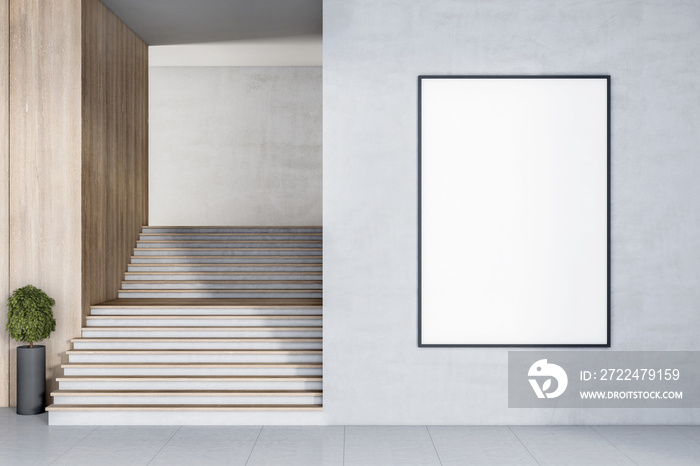 Blank white poster in black frame on light concrete wall outdoors and eco style stairs at the entrance. 3D rendering, mockup