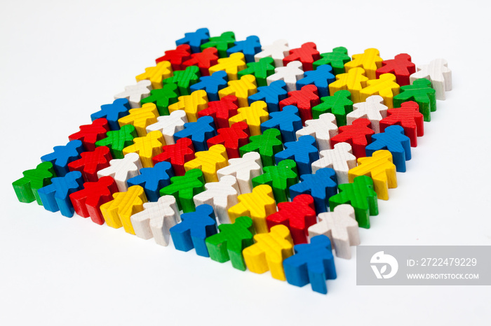 Board game concept - а many meeple figure, different color, white background