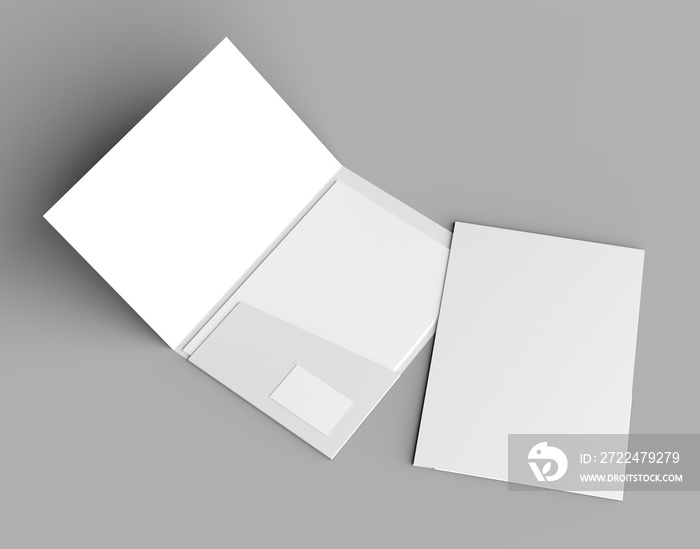 A4 size single pocket reinforced folder with business card mock up isolated on gray background. 3D illustration