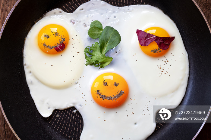 Breakfast of three fried eggs like emoticons