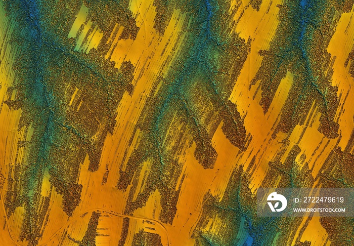 Digital elevation model of a forest area with a swamps. GIS 3D illustration made after proccesing aerial pictures taken from a drone. Lidar scan and multispectral camera gives NDVI and NIR effect