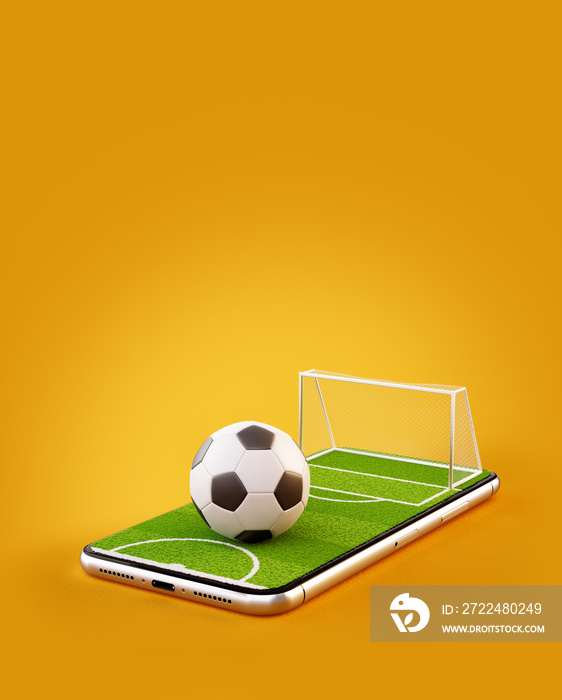 Unusual 3d illustration of a soccer field and soccer ball on a smartphone screen. Watching soccer and betting online concept