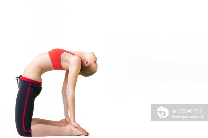 young blond hair woman in yoga pose ustrasana