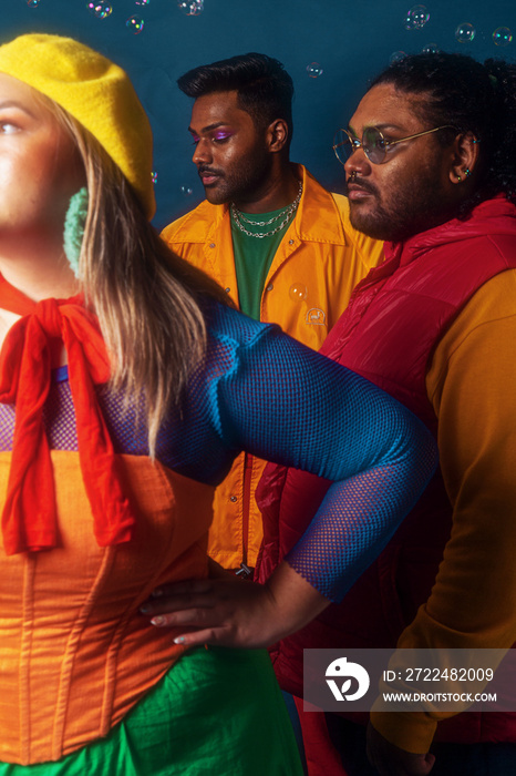 Trio fashion colour blocked studio portrait