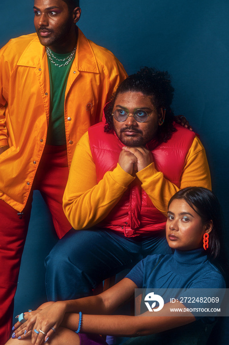 Trio fashion colour blocked studio portrait