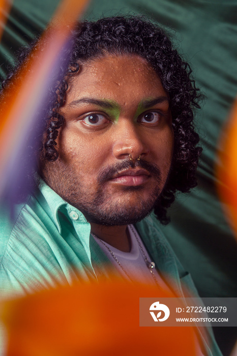 Asian individual fashion colour-blocked studio portrait