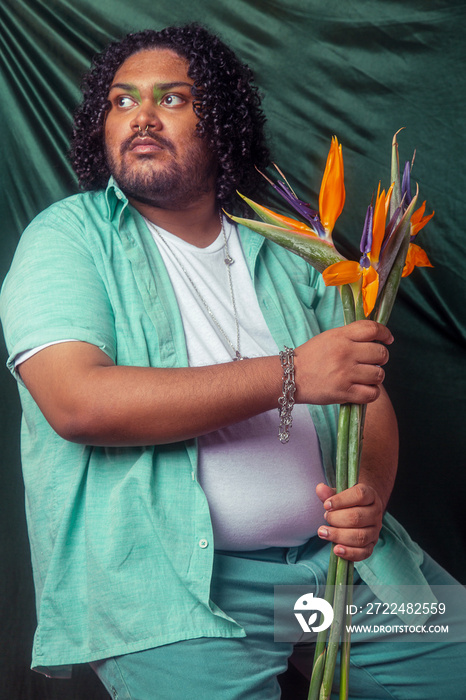 Asian individual fashion colour-blocked studio portrait