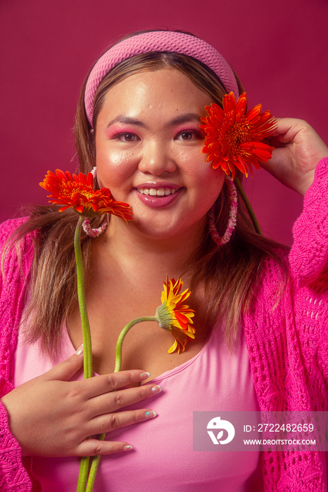 Asian female colour blocked fashion studio portrait