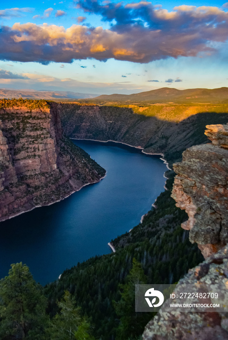 View from Canyon Rim trail in Flaming Gorge Utah National Park of Green River high angle aerial overlook