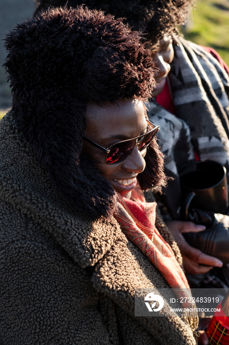 Two senior women in winter clothing