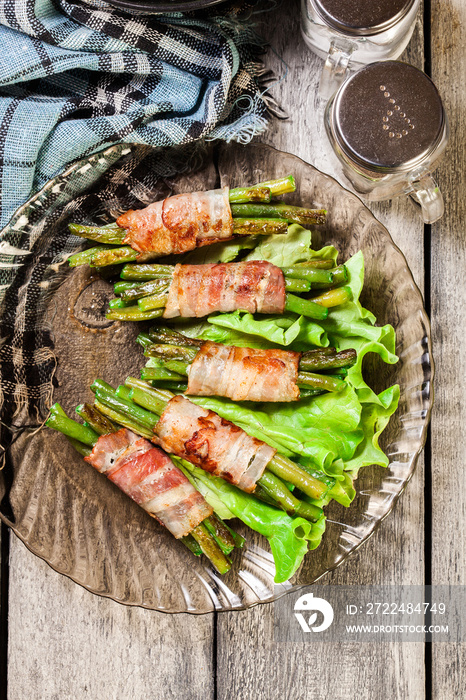 Fried green bean wrapped in smoked bacon