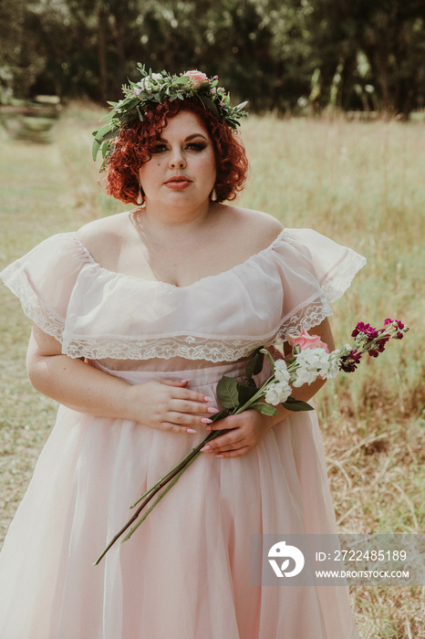 plus size woman wears flower crown holding flowers in a field