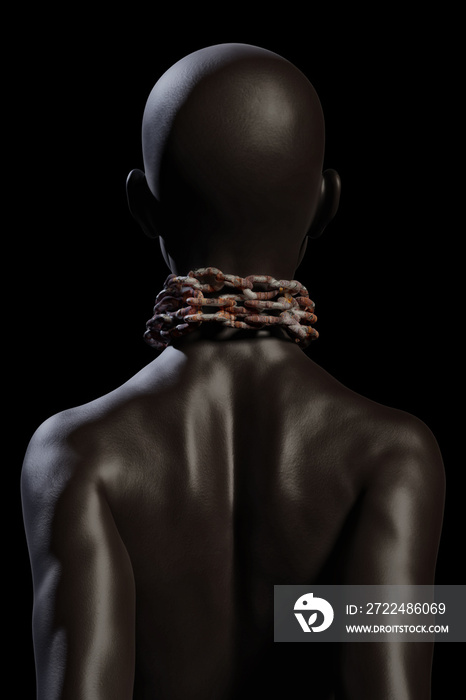 Black female afro american slave with heavy rusty chain around her neck