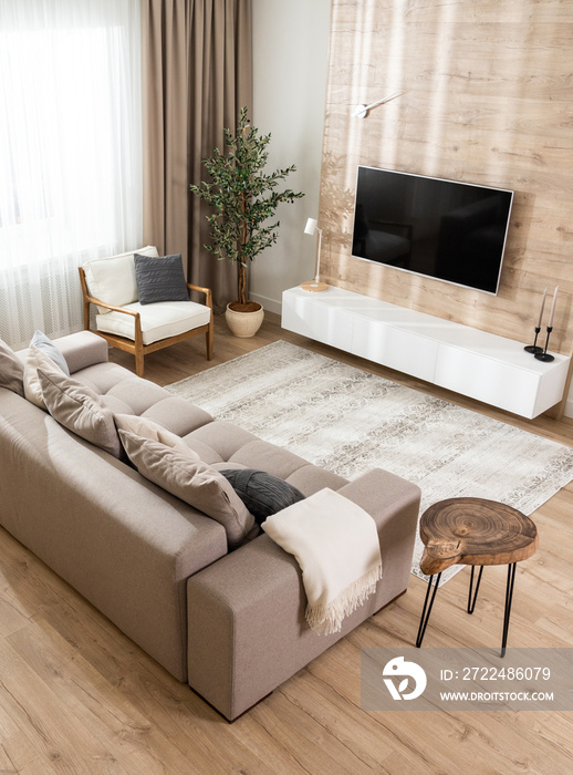 Isometric view of the interior of a new living room in light colors