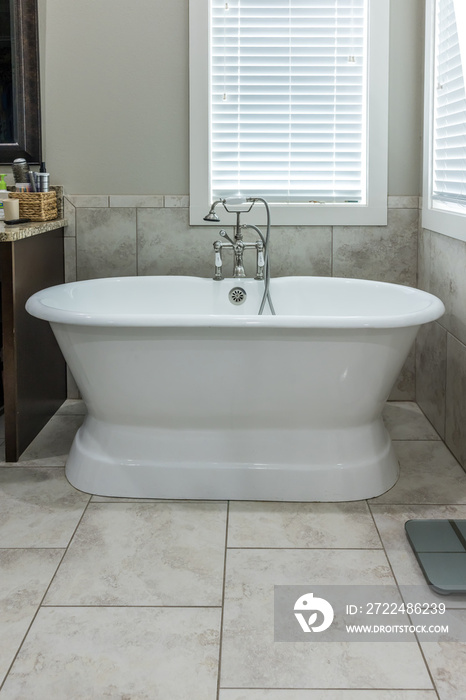 Master bathroom freestanding bathtub in a tiled master bathroom