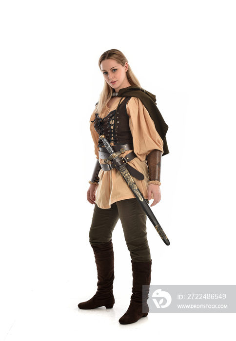 full length portrait of girl wearing brown medieval costume,. standing pose, isolated on white studio background.