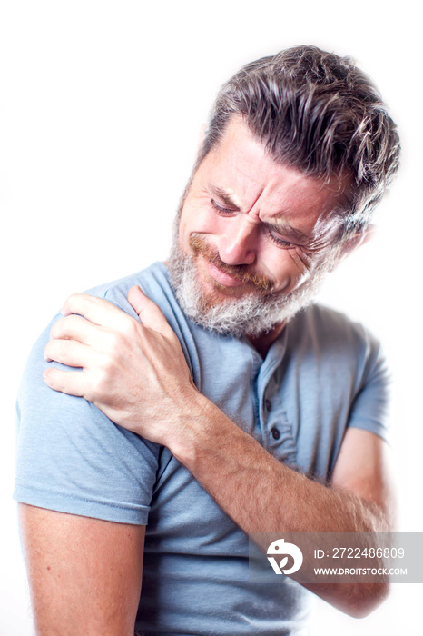 Man feels strong shoulder pain isolated. People, healthcare and medicine concept