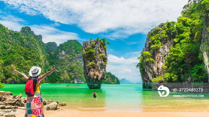 Traveler woman joy fun amazed nature scenic landscape James Bond island Phang-Nga bay, Famous landmark tourist travel Phuket Thailand summer holiday vacation, Tourism beautiful destination place Asia