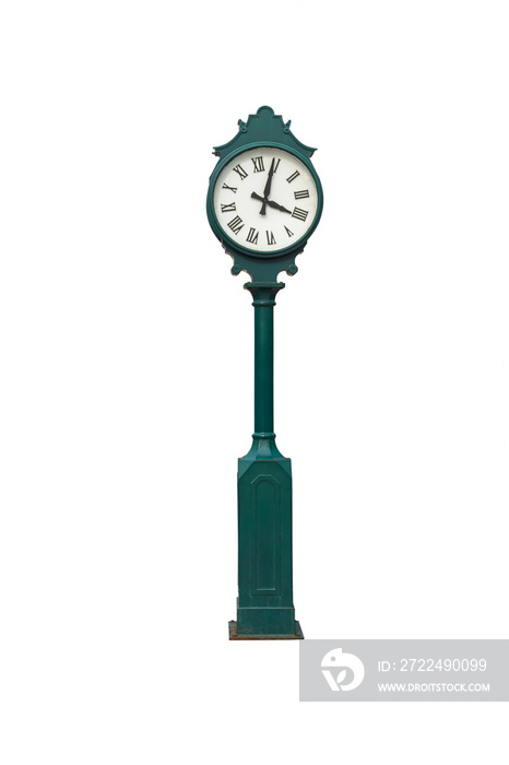 An old exterior clock isolated over white background with clipping path.