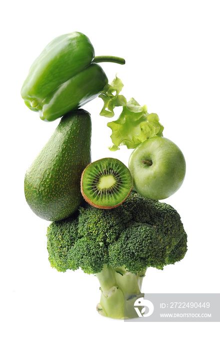 Green vegetables and fruits isolated on white backgrounds.Equilibrium floating food balance.