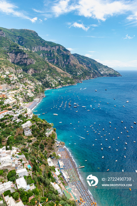 Positano’s Main Beach on the Amalfi coast in  hot summer day, with full  boats sea