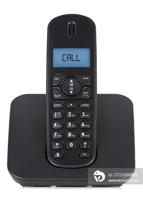 Black cordless phone. Call message on the screen