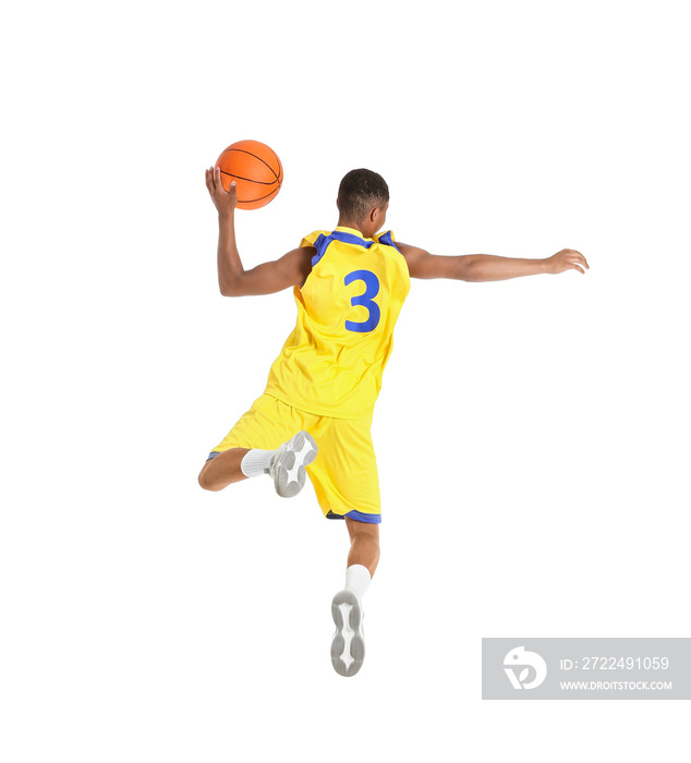 Jumping African-American basketball player on white background