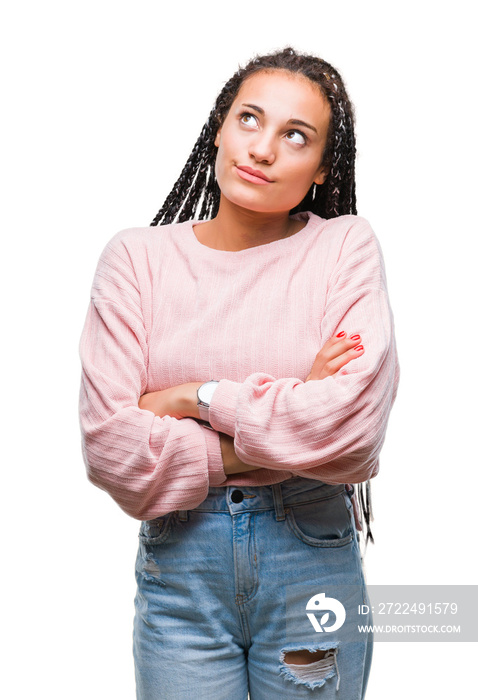 Young braided hair african american girl wearing sweater over isolated background smiling looking side and staring away thinking.