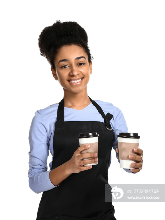 African-American barista on white background