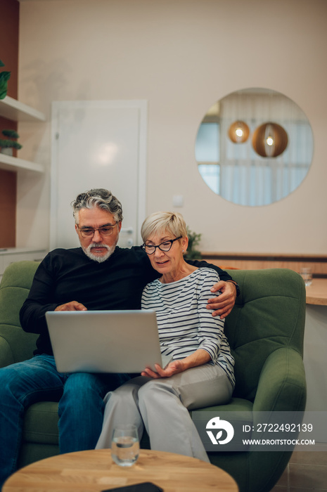 Senior couple using laptop while sitting on a couch at home