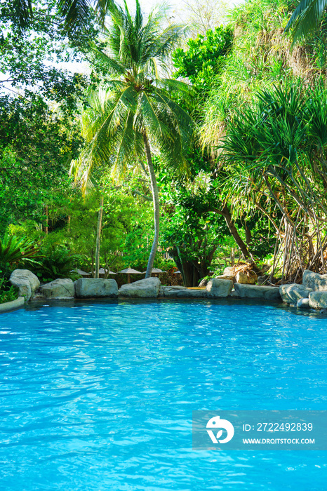 Beautiful luxury swimming pool with palm trees. Thai, Phuket. Vacation concept.