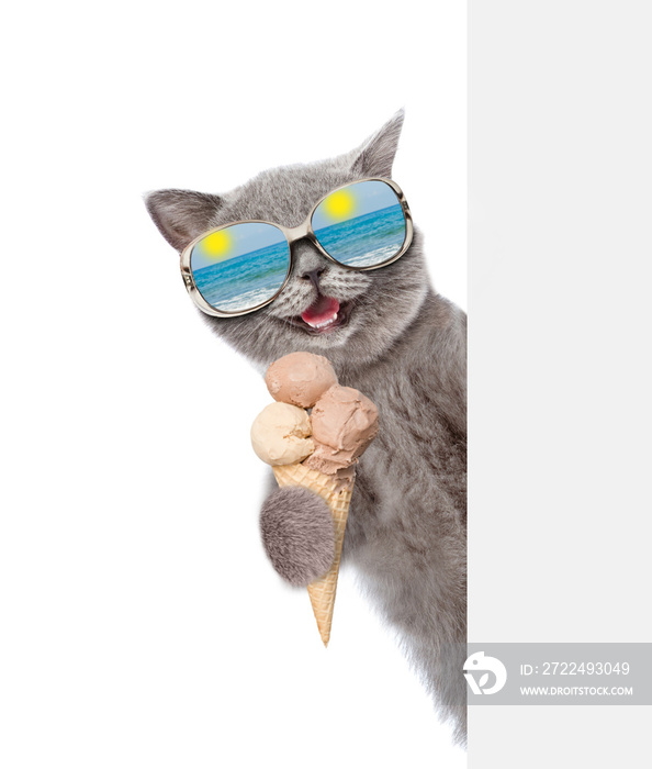 Happy cat wearing mirrored sunglasses holds ice cream and looks from behind empty board. isolated on white background