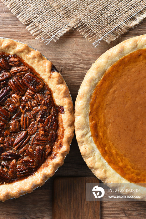 Pecan and Pumpkin Pies Overhead Closeup