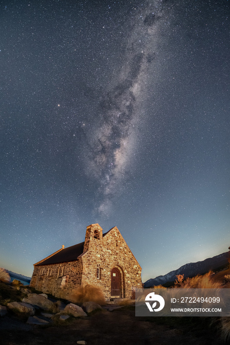 This was taken in Lake Tekapo, New Zealand. One can see milky way, galaxies, and stars in the night sky. The place is famous and popular among tourist, travelers and holiday makers.