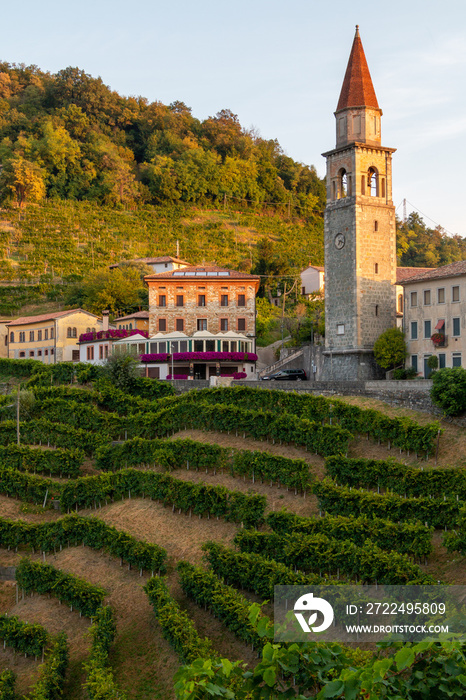 view of the small village of Rolle, a typical village on the Prosecco hills surrounded by vineyards