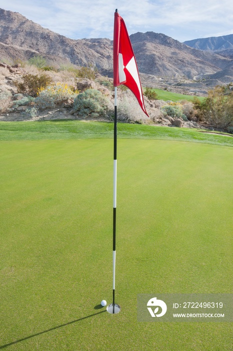 Golf ball and flag at course