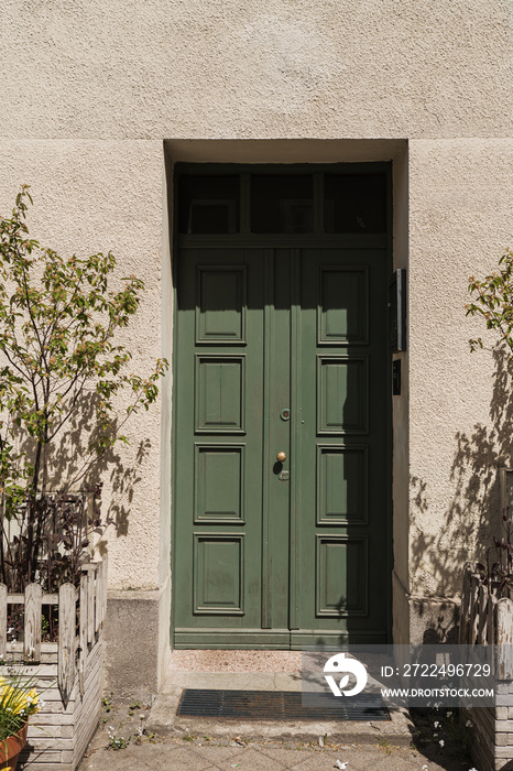 Old vintage wooden door. Travel concept. Traditional European old town building. Old historic architecture