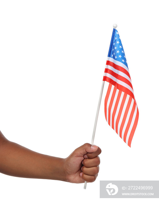 Boy hand holding American flag, isolated on white