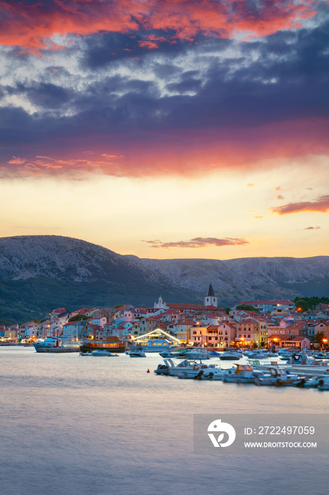 Baska, Krk Island, Croatia. Cityscape image of Baska, Croatia located on Krk Island at summer sunset.