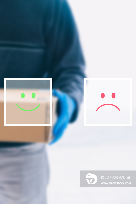 Concept of service rating and satisfaction with package delivery service. Design of emoticon faces of satisfied or dissatisfied customers.