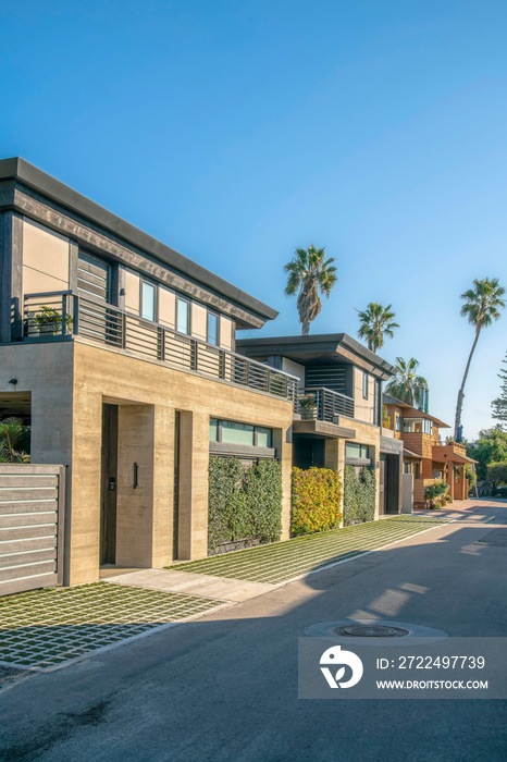 Facade of houses along road in Del Mar Southern California neighborhood