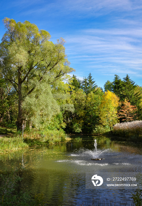 Water fountain  at Toogood Pond Park in Unionville Markham, Ontario, Canada in a beautiful day