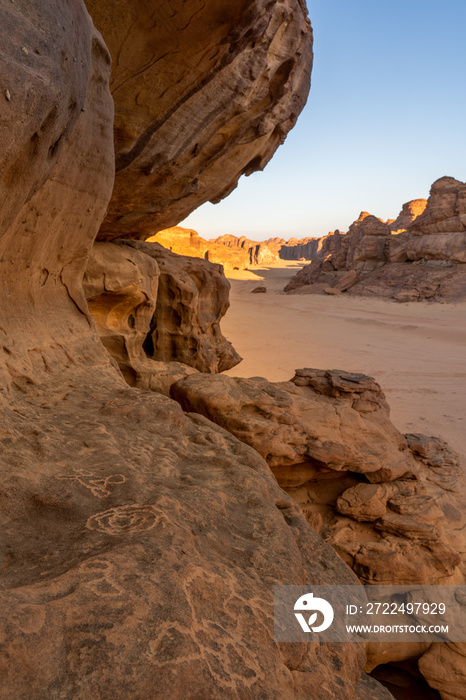 Ancient rock paintings in the sandstone canyon of Wadi Al Disah (Valley of the Palms). Tabuk, Wadi Al Disah,  Saudi Arabia