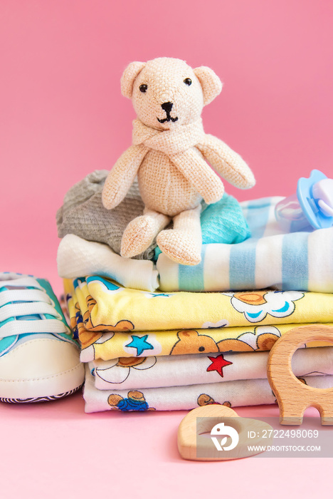 baby accessories for newborns on a colored background. selective focus.