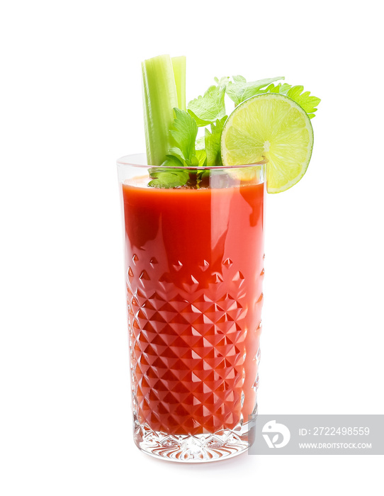 Glass of bloody mary cocktail garnished with cilantro and lime on white background