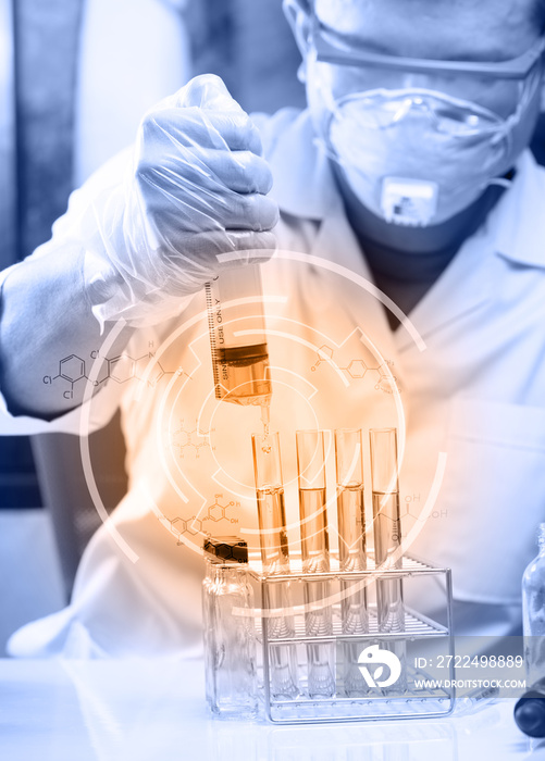 Conical flask in scientist hand with lab glassware background, L