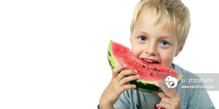 child eating watermelon isolated on white. copy spaces