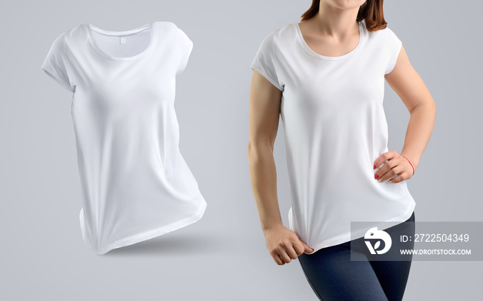 Stylish mockup Set with athletic young woman in the white t-shirt and shape of t-shirt without body 
